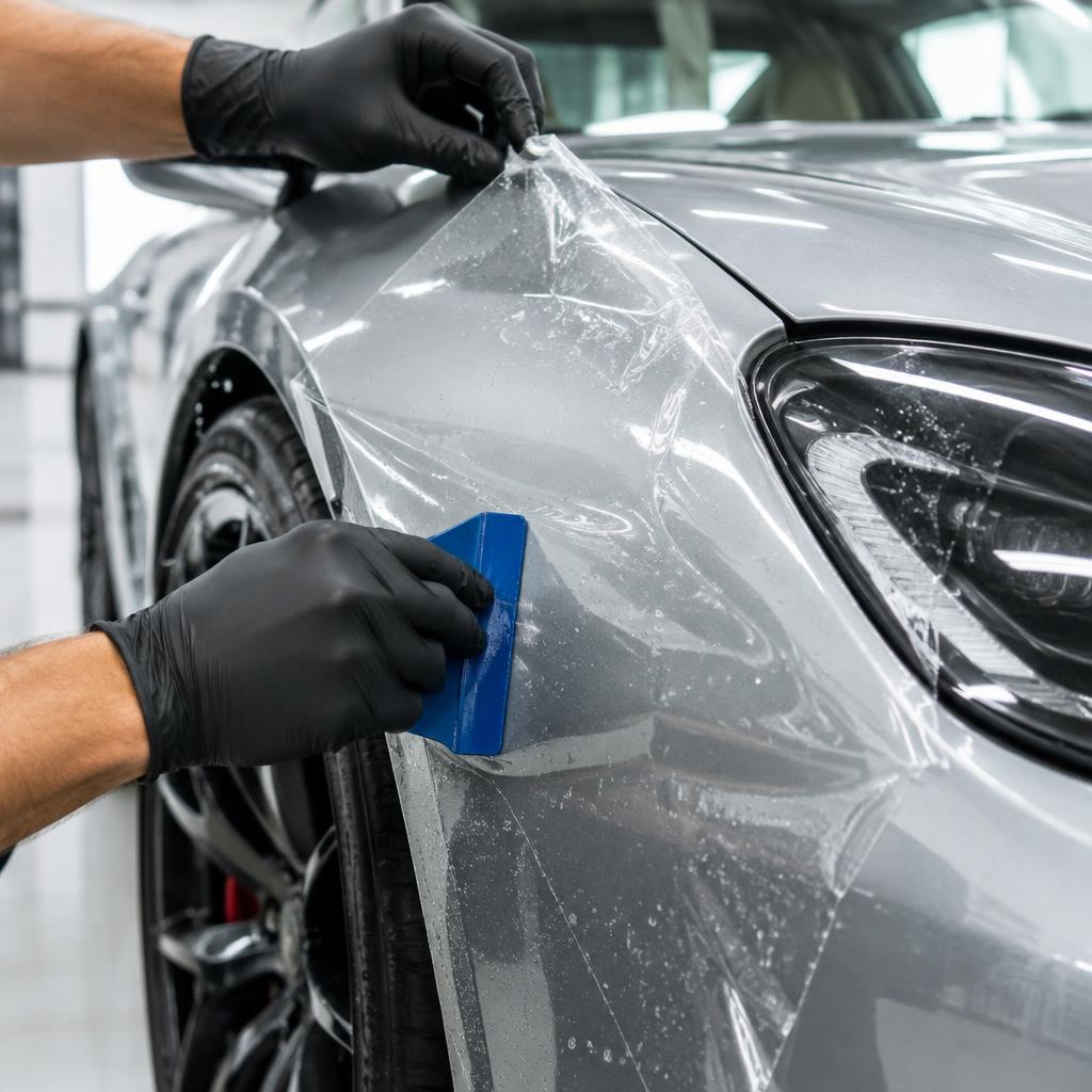 Illustrative close-up of transparent paint protection film application