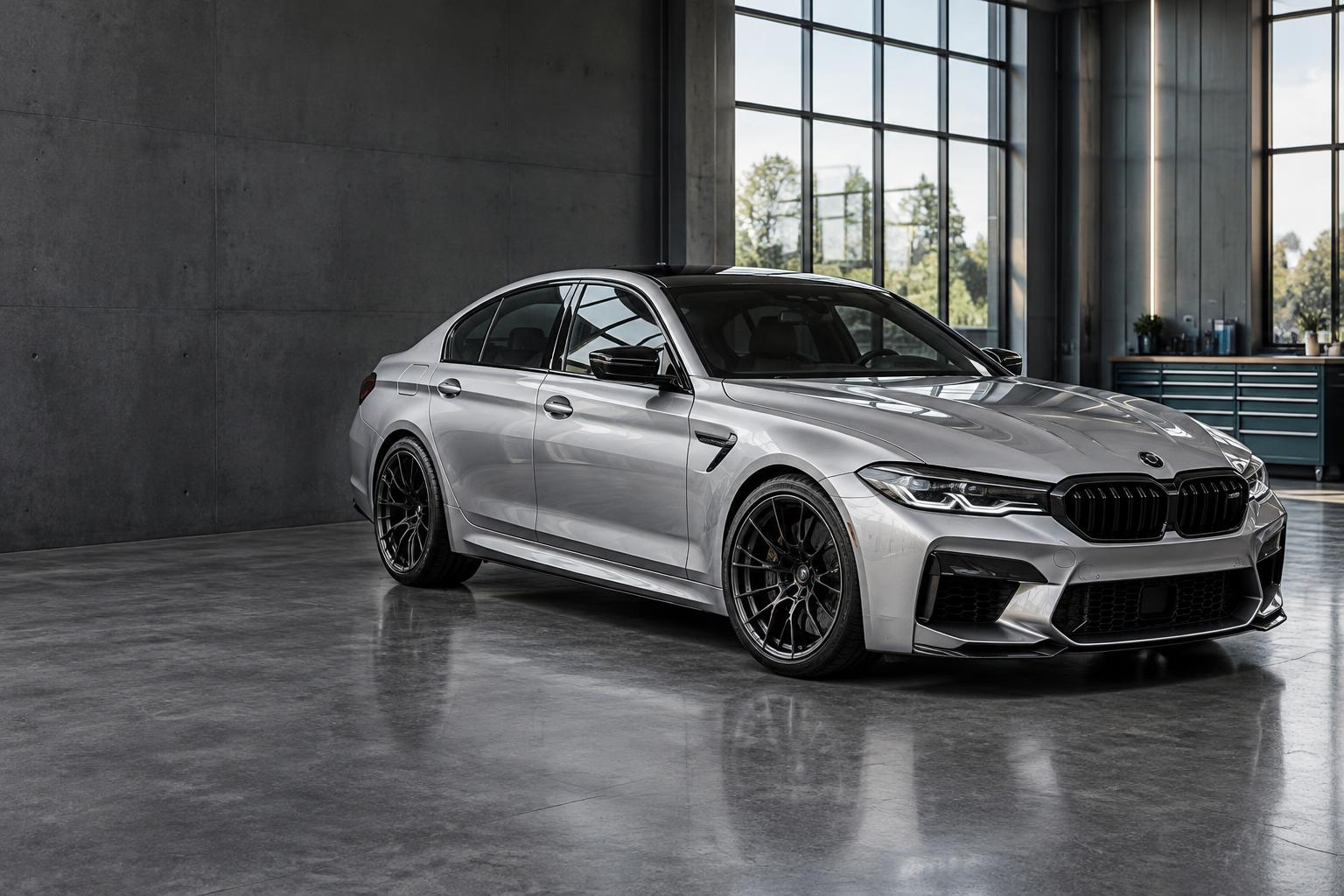 Silver performance sedan with tinted windows and black wheels; illustrative customization concept